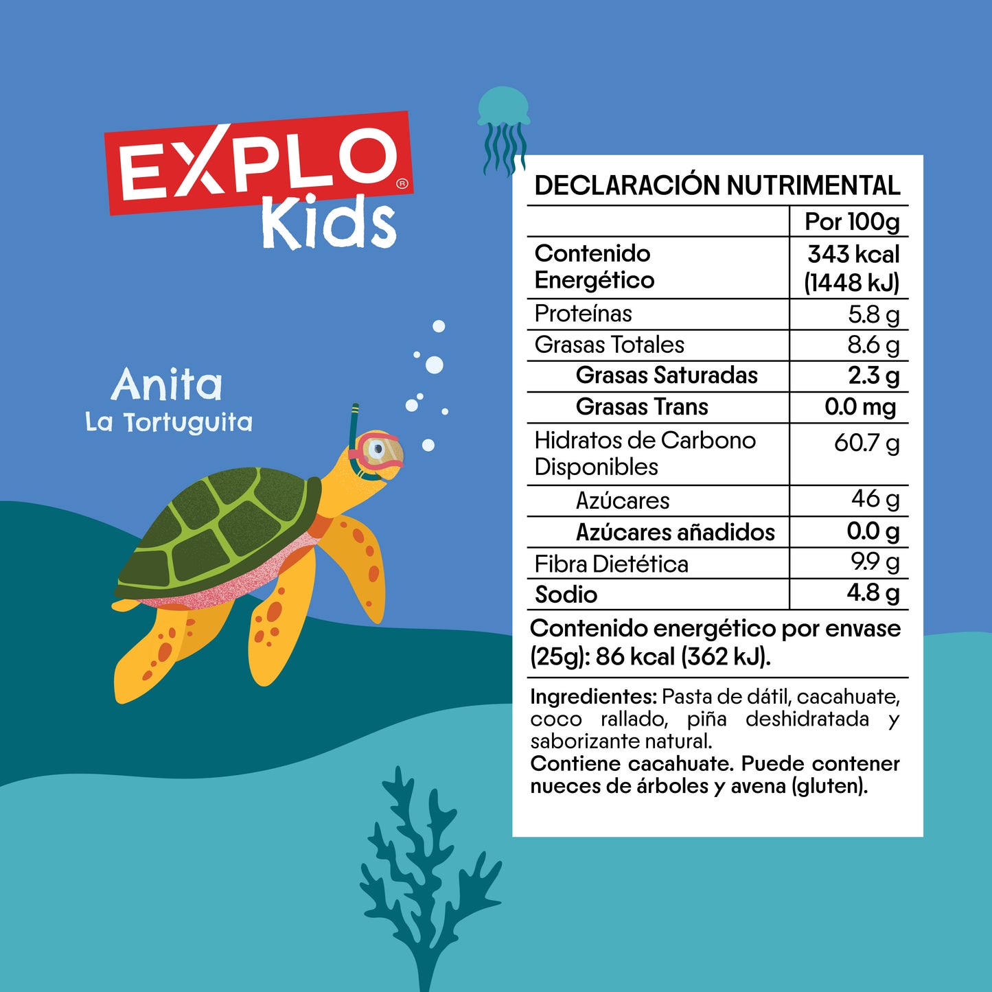 EXPLO KIDS PIÑA Y COCO CON ANITA LA TORTUGUITA BARRA ENERGETICA PARA NIÑOS HECHA CON DATIL Y FRUTOS SECOS