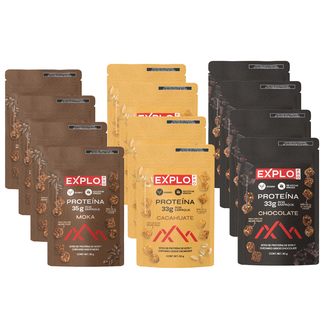 12 Pack Bites de Proteína Mix - 4 Moka, 4 cacahuate, 4 chocolate