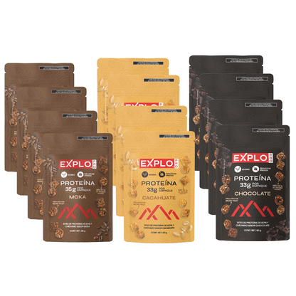 12 Pack Bites de Proteína Mix - 4 Moka, 4 cacahuate, 4 chocolate