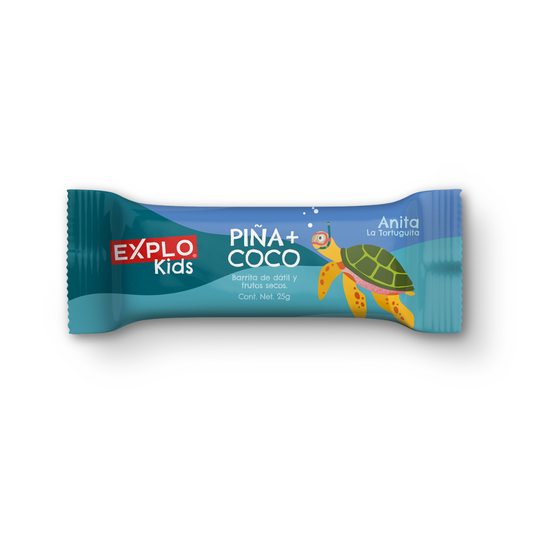 EXPLO KIDS PIÑA Y COCO CON ANITA LA TORTUGUITA BARRA ENERGETICA PARA NIÑOS HECHA CON DATIL Y FRUTOS SECOS