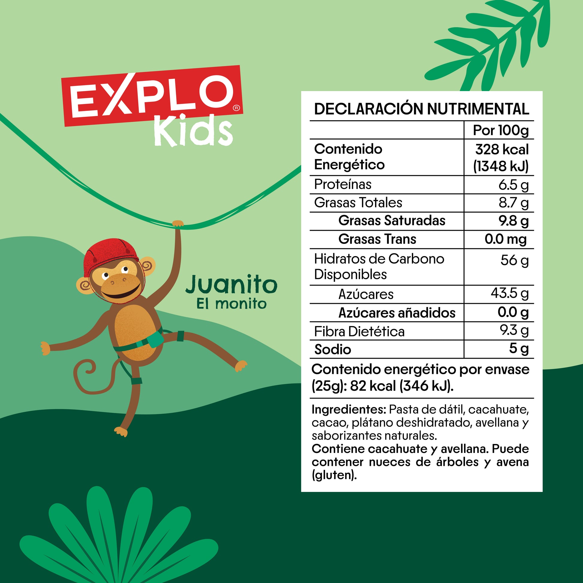 EXPLO KIDS CHOCO BANANA CON JUANITO EL MONITO BARRA ENERGETICA PARA NIÑOS HECHA CON DATIL Y FRUTOS SECOS